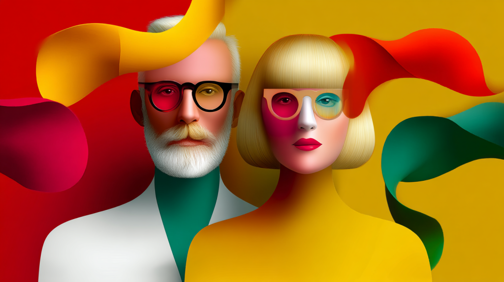 Ilustración conceptual de dos profesionales de la salud, hombre con barba blanca y gafas y mujer rubia con melena corta y gafas de colores, ambos con bata blanca, rodeados de ondas abstractas en rojo, amarillo y verde. Imagen para sección de contacto de Comunicación para la Salud.